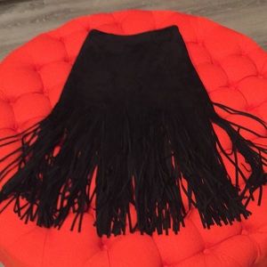 Black suede mini skirt with fringe